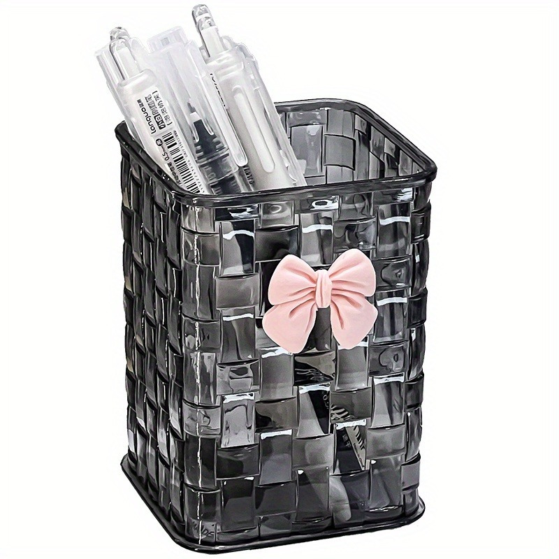 1pc Clear Acrylic Desk Organizer with Bow Accent-Durable Pen Holder and Storage Basket for Office Supplies,Pens,and Accessories