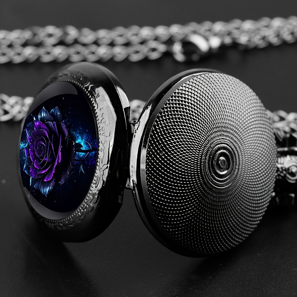 Relógio de bolso com movimento de quartzo rosa roxo, corrente de colar preto elegante, relógio de presente de design clássico e requintado para mulheres e meninas