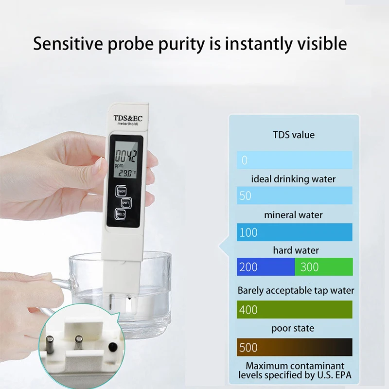Цифровой тестер качества воды TDS EC Meter Диапазон 0-9990 Многофункциональный измеритель температуры чистоты воды Тестер TEMP PPM