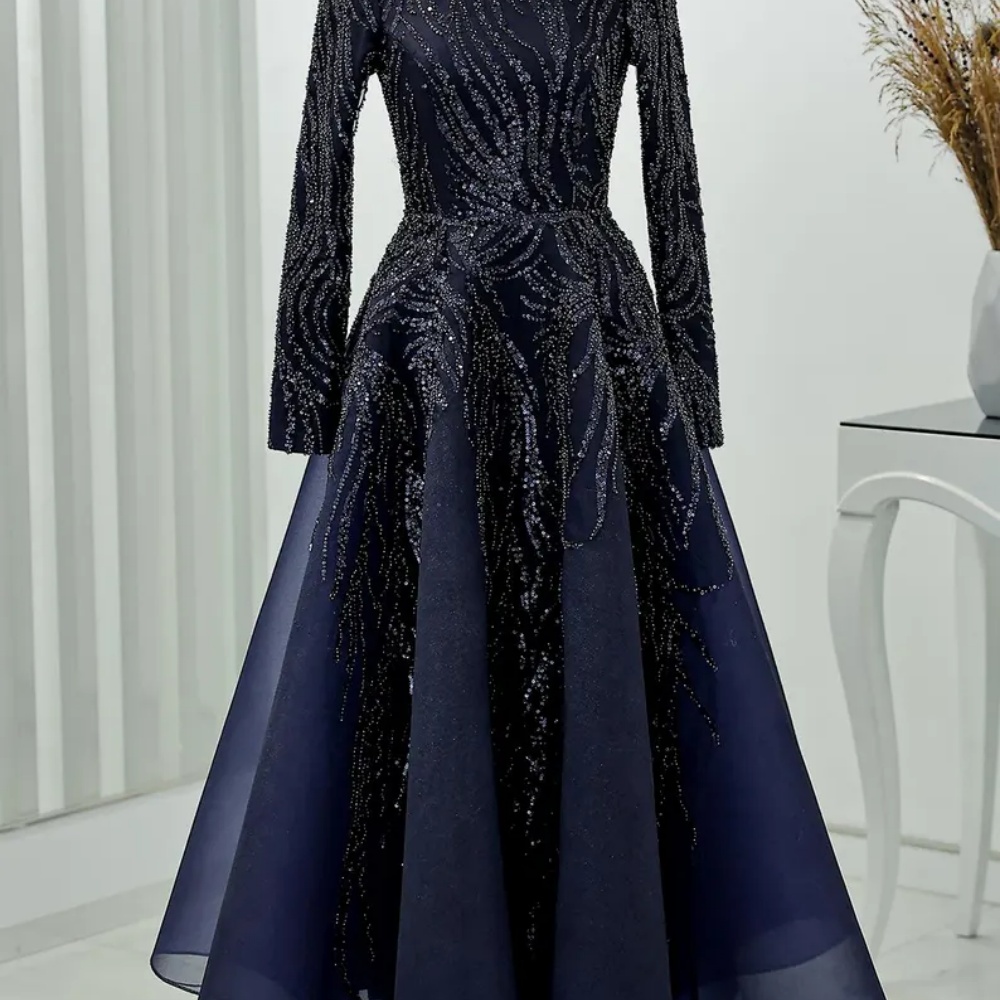 Sansa-Robe de soirée de forme trapèze, tenue de soirée de standing, avec perles et paillettes, longueur au sol, col rond, manches longues, 2024