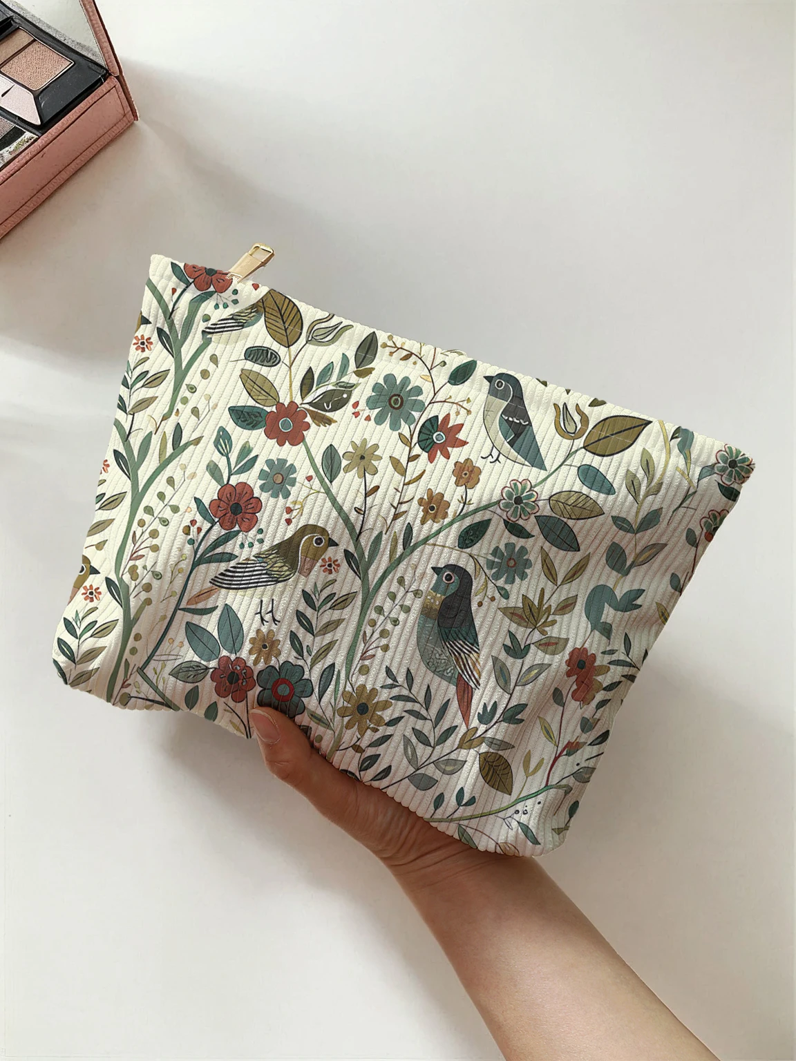 1 Stück, Make-up-Tasche aus Cord mit Reißverschluss und Zweigvogelmuster, leichte und multifunktionale Kosmetik-Aufbewahrungstasche