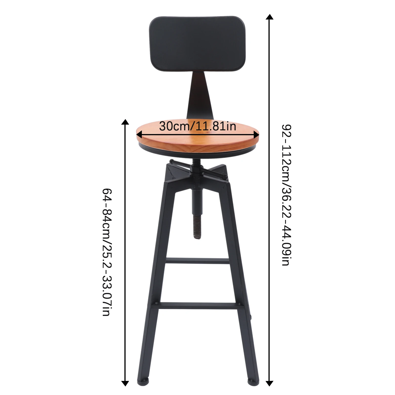 2er-Set Retro-Barhocker, Barhocker aus Holz, drehbar mit Rückenlehne, Sitzhöhe 64–84 cm, Metallbasis, stabiler Fußrahmen für Bar