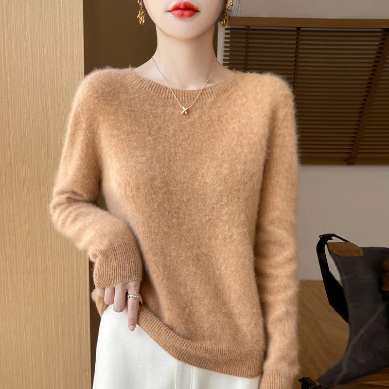 เสื้อสเวตเตอร์100% Merino สีพื้น, เสื้อสเวตเตอร์ถักคอกลมแขนยาวให้ความอบอุ่นทรงหลวมสีพื้นใหม่สำหรับฤดูใบไม้ร่วงและฤดูหนาว