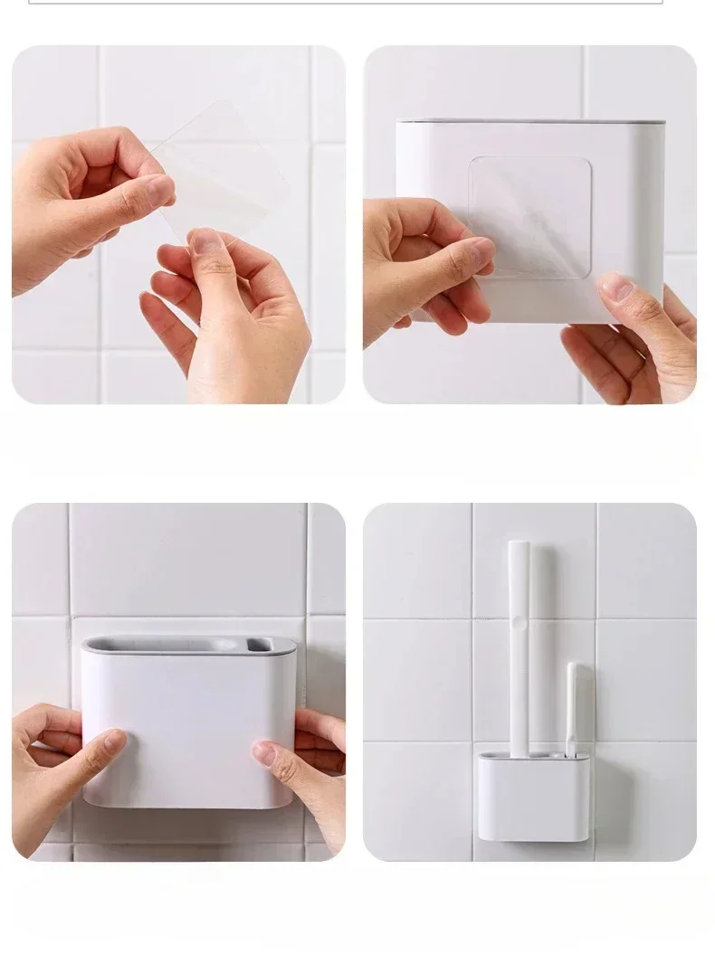 Escova de limpeza de vaso sanitário de silicone, cabeça plana, flexível, montagem na parede, limpador de vaso sanitário, conjunto de suporte de escova para banheiro