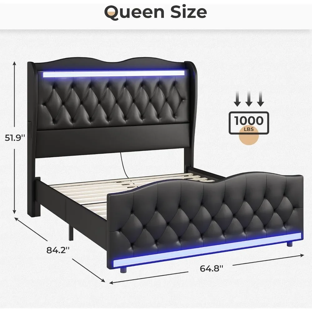 Large Bed Frame with Bed Tail, Charging Station, PU Leather Cushioned Platform, Large Bed with Wing Back Storage Headboard