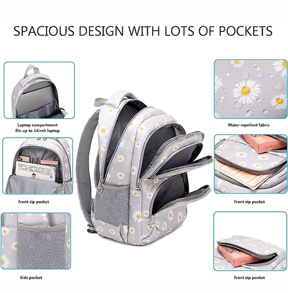 防水ナイロン生地スクールバッグセット,バックパック,ペンシルケース,ハンドバッグ,男の子,女の子,ティーンエイジャー向け,トレンド,デイジーパターン,3個