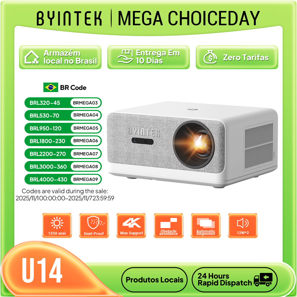BYINTEK LOVE U14 Full HD 1080P Projetor 4K Inteligente Bluetooth WiFi 6 Suportado 1250ANSI Foco Automático Projetores de Cinema Home Theater