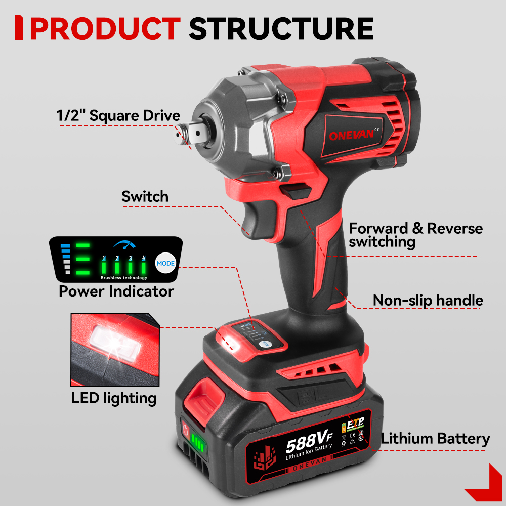 ONEVAN 1200N.M Torque Brushless Electric Impact Wrench 1/2 Inch Cordless Wrench Screwdriver Power Tools For 21V 18V Battery