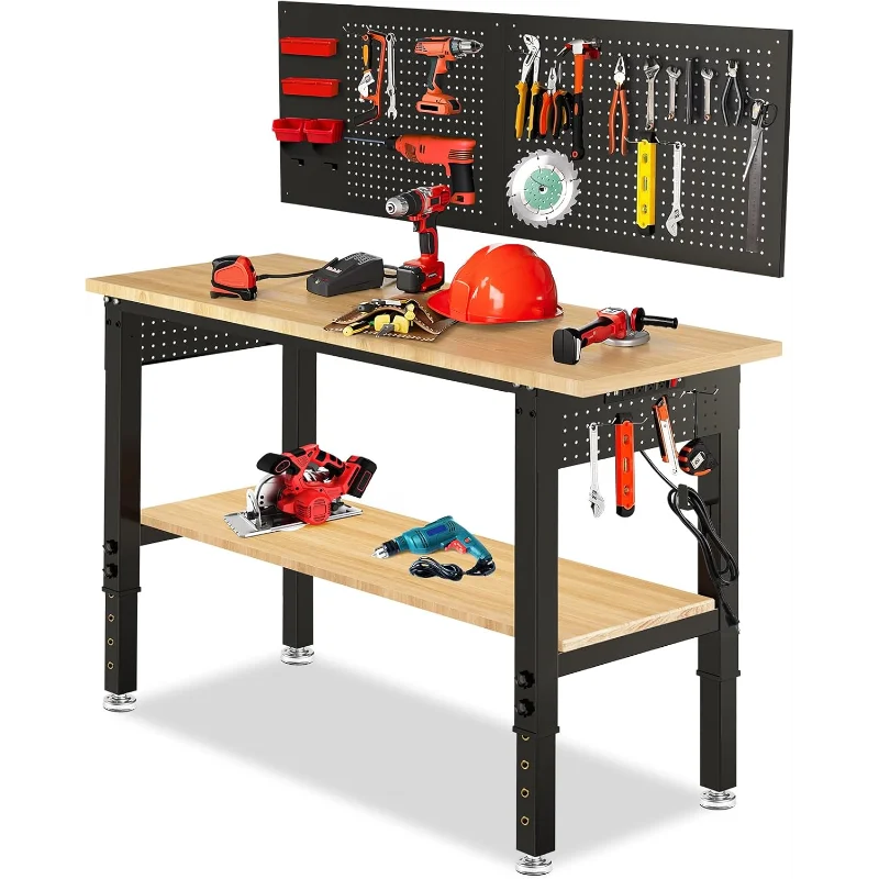 48“ Adjustable Height Workbench Work Bench for Garage Work Table with Under Table Shelf Heavy Duty Rubber Wood Top
