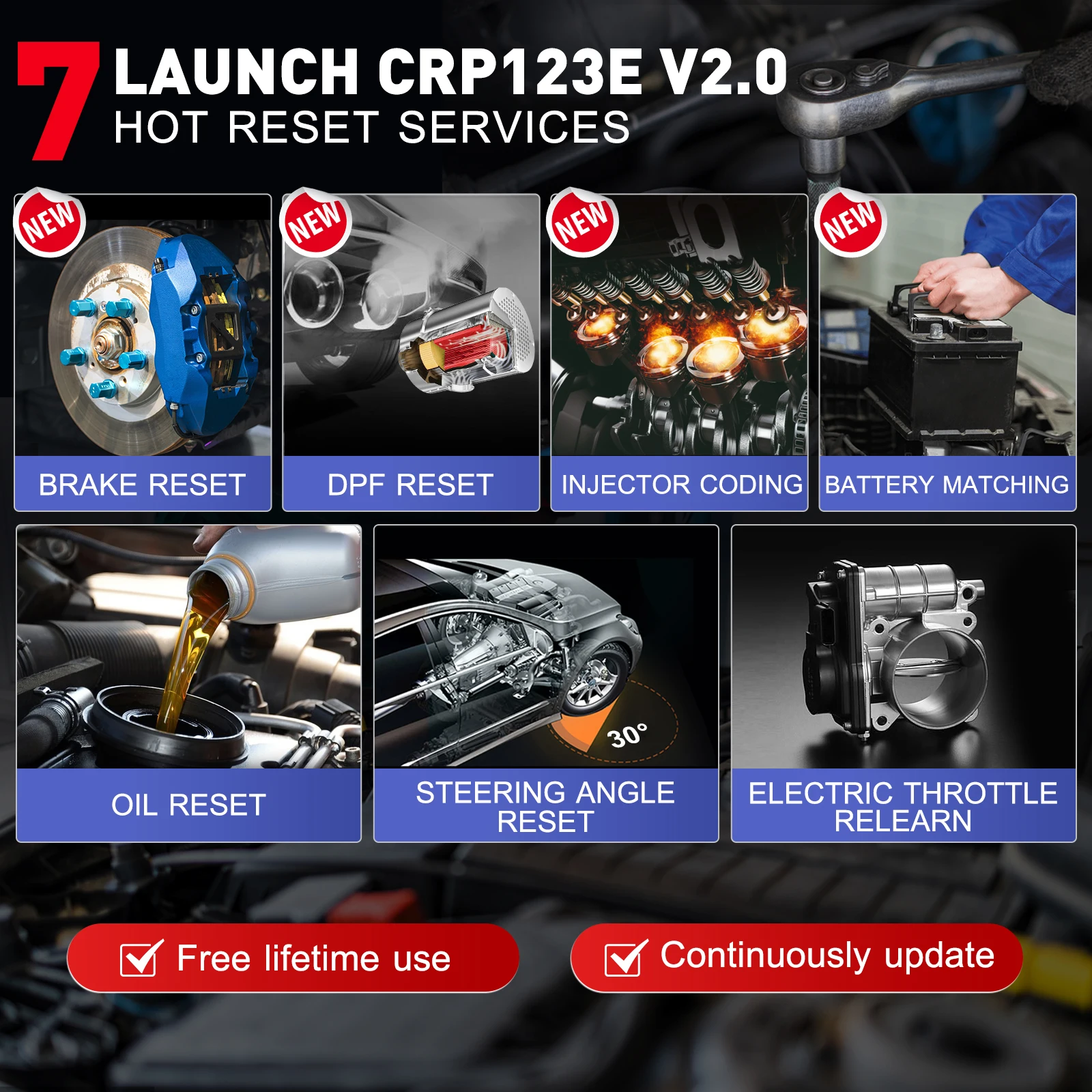 LAUNCH CRP123E CRP123I V2.0 ENG ABS SRS système de Transmission 7 réinitialisation à vie Code clair gratuit Scanner OBD outils de Diagnostic de voiture français