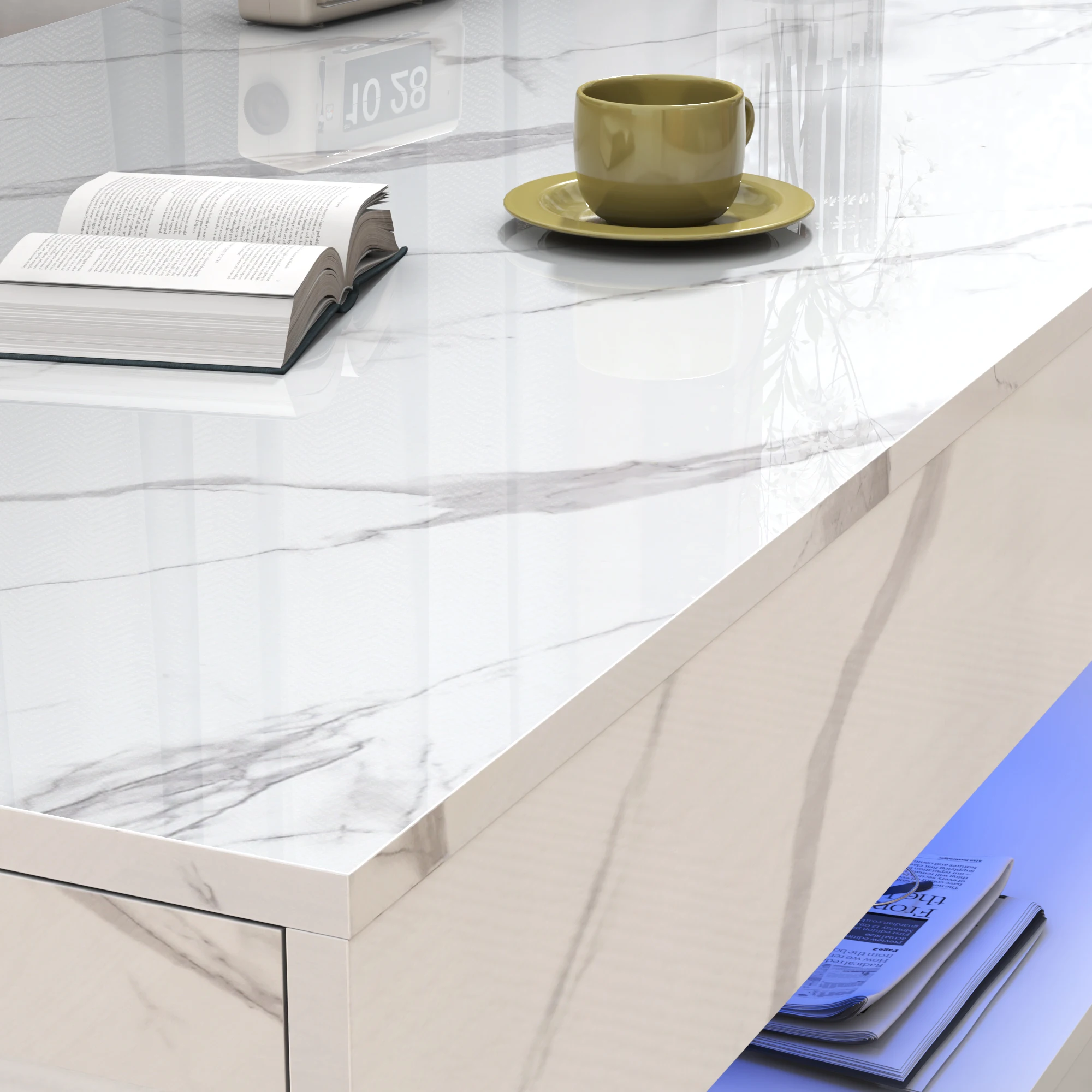 Modern Stylish Coffee Table with LED lights, Double-Layer Design for Living Room Coffee Table with 2 Storage Drawers