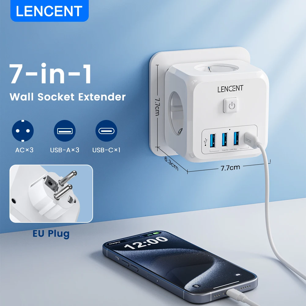 LENCENT Wandsteckdosen-Extender mit 3 AC-Steckdosen, 3 USB-Anschlüssen und 1 Typ C 7-in-1 EU-Stecker-Ladegerät Ein/Aus-Schalter für Zuhause