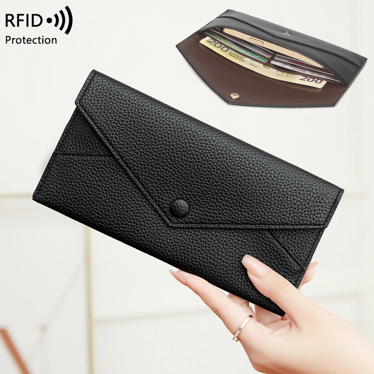 Monedero antirrobo RFID para mujer, estampado de lichi, cuero suave, billetera larga tipo sobre, bolso de mano sencillo ultrafino, portátil