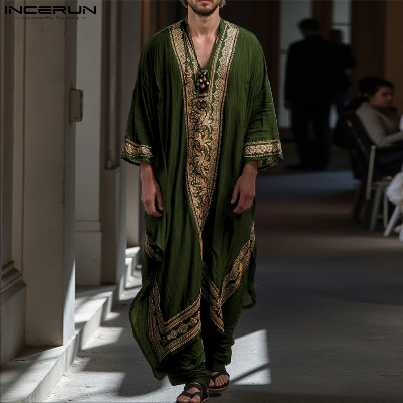 INCERUN Männer Jubba Thobe Druck Patchwork V-ausschnitt Langarm Männliche Roben Muslimischen Kaftan Lose 2025, Arabischen Casual Männer Kaftan Abaya