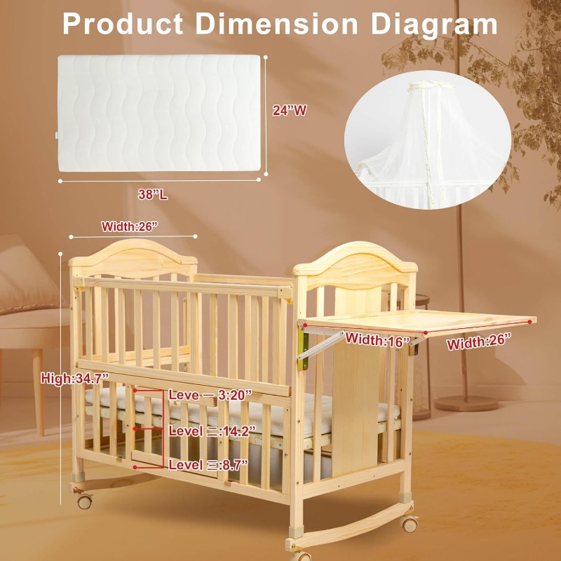 4-in-1 Convertible - Cunas para Bebes with Changing Shelf and Mattress Included,2024 Wood Baby