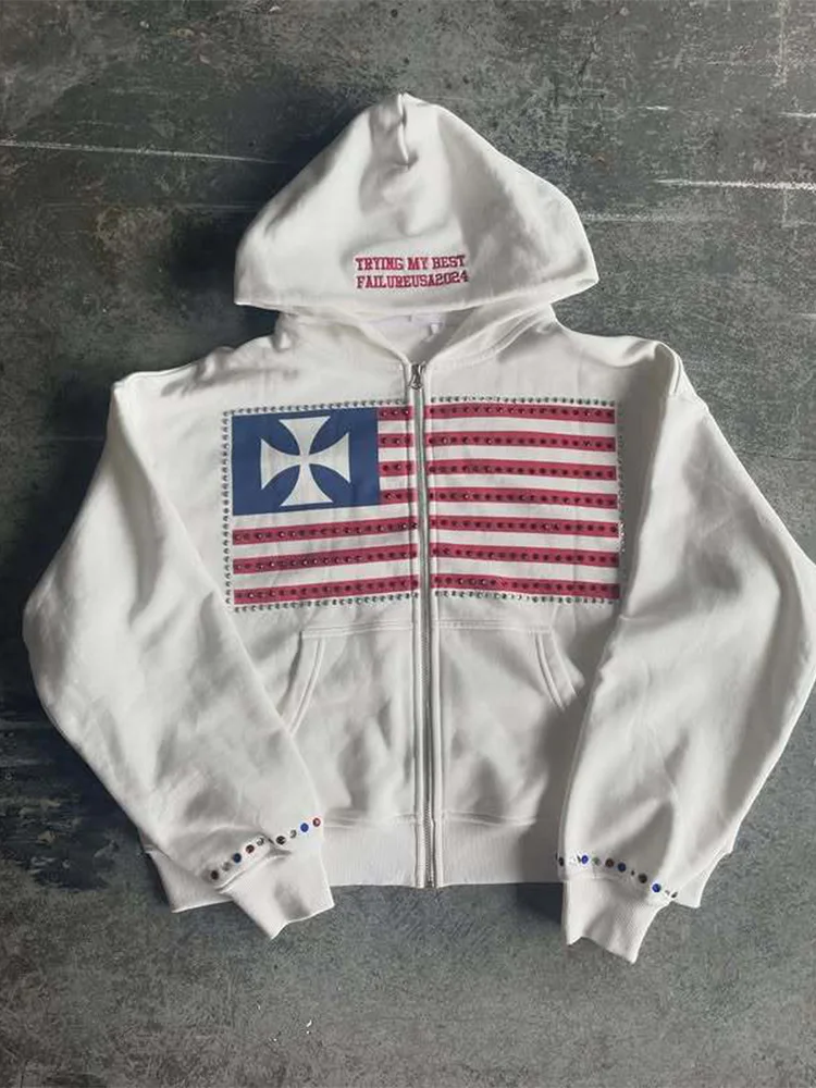 Sweat-shirt à capuche pour hommes, nouveau drapeau national, design minimaliste, motif de collision de couleur, Harajuku Y2k, ample, fermeture éclair, automne