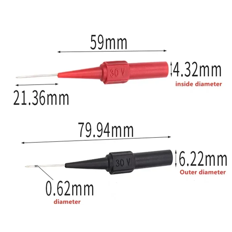 バナナプラグ用の非破壊マルチメータテストプローブ,断熱ピアス針,赤と黒,30v-60v,1個,2個