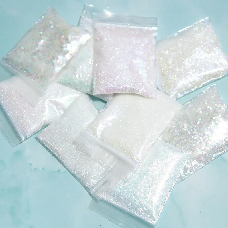 Trắng Ánh Kim Móng Lấp Lánh AB Màu Sáng Bóng Nàng Tiên Cá Kim Sa Lấp Lánh Gương Không Đều Lát 3D Bột Paillettes Móng Tay Nghệ Thuật Trang Trí