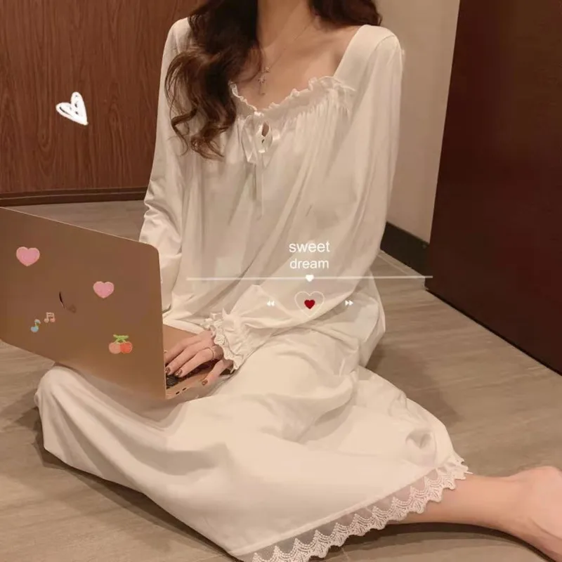 Camisola estilo princesa de manga comprida solta tamanho grande pode ser usada fora da casa usar pijamas femininos de verão renda branca coreia