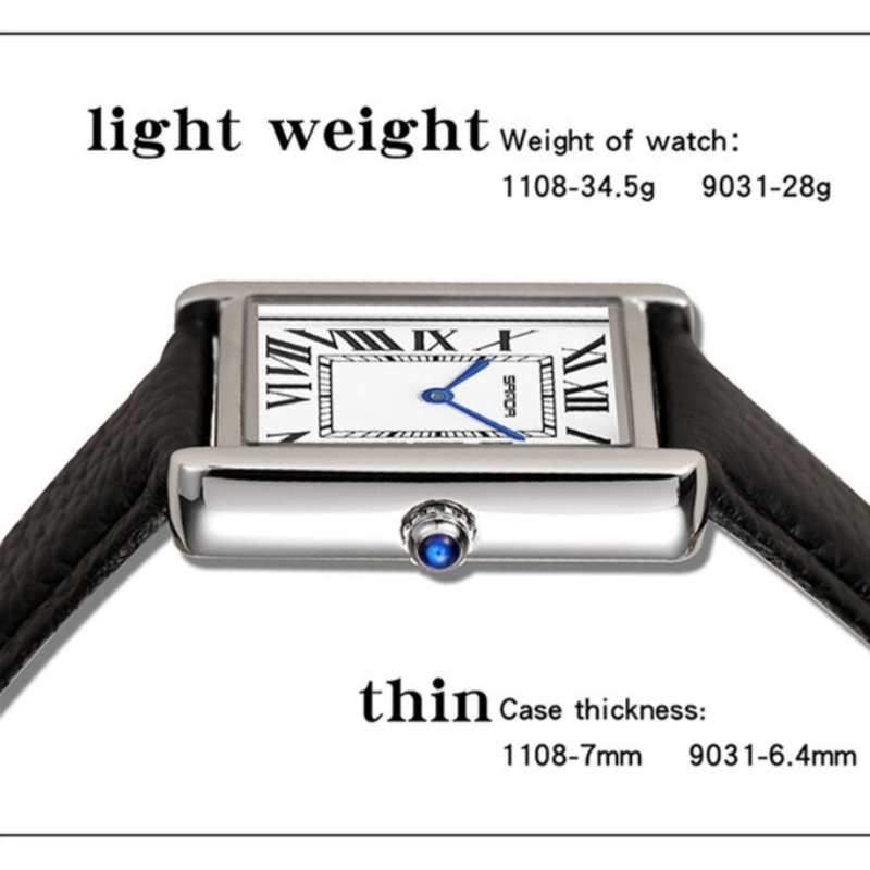 นาฬิกาควอตซ์กันน้ำผู้ชายสำหรับผู้หญิง Jam Tangan pasangan แบรนด์แฟชั่นลำลองของ Sanda 1108นาฬิกาหน้าปัดทรงสี่เหลี่ยมนาฬิกาข้อมือสายหนังผู้หญิง