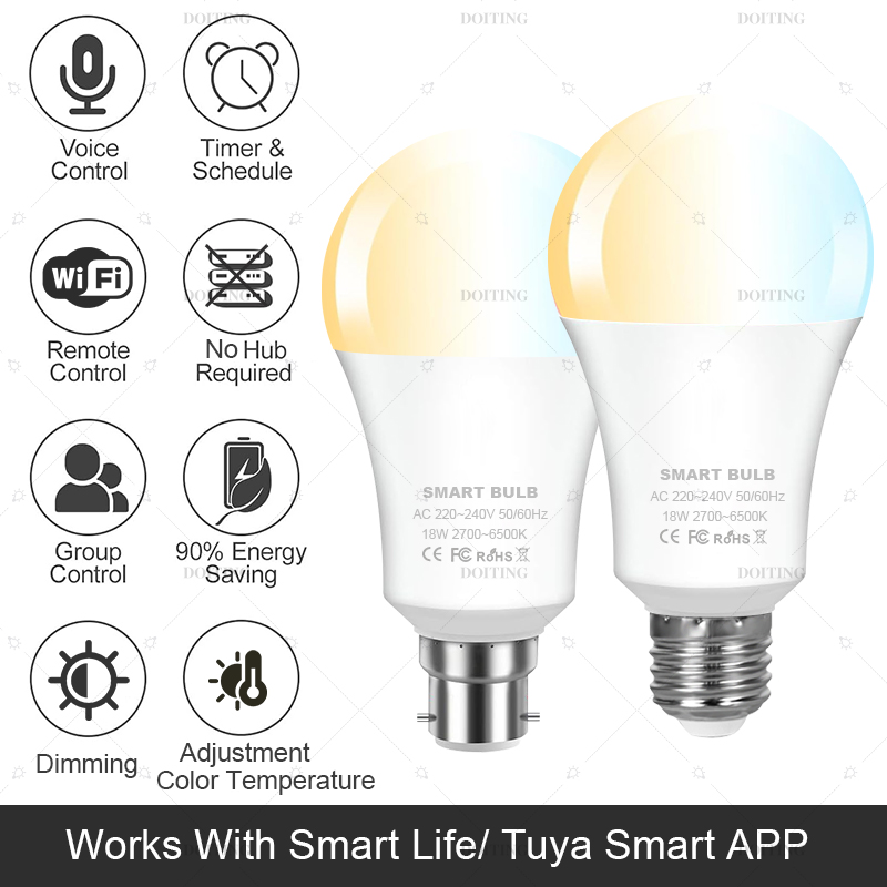 Tuya LED Bulb WIFI Smart Life APP Timing Brightness Temperature Adjustment Alexa Google Home 220V E27 B22 Lamp Voice Control