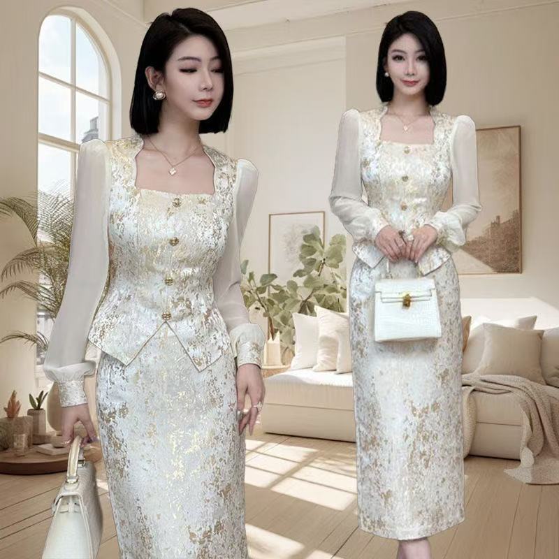 Высокое качество 2025, модный вечерний женский комплект из двух предметов, французский роскошный жаккардовый лоскутный топ + юбка-миди с высокой талией, женский костюм