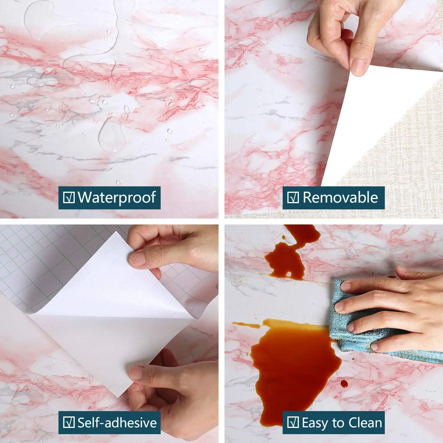 ไวนิลหินอ่อนสีชมพูโทน Peel Self-Adhesive กันน้ำแบบถอดได้ครอบคลุมตารางเคาน์เตอร์ตู้เฟอร์นิเจอร์