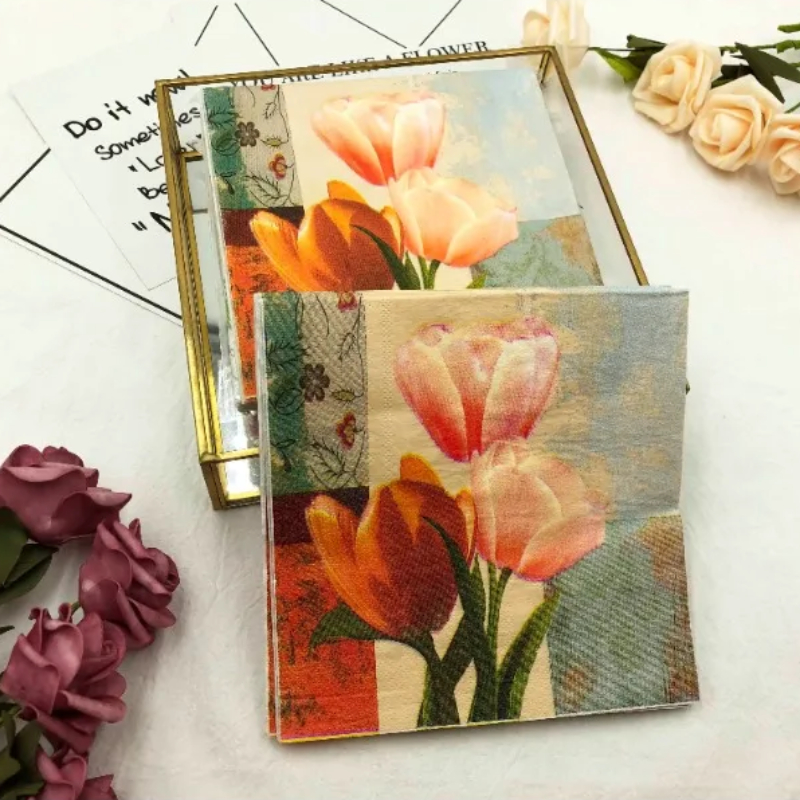 Красочная цветочная ткань в виде тюльпана для свадебной вечеринки, складная бумажная салфетка, ткань для рта, салфетка, салфетка с принтом 20 шт./pac 2 слоя
