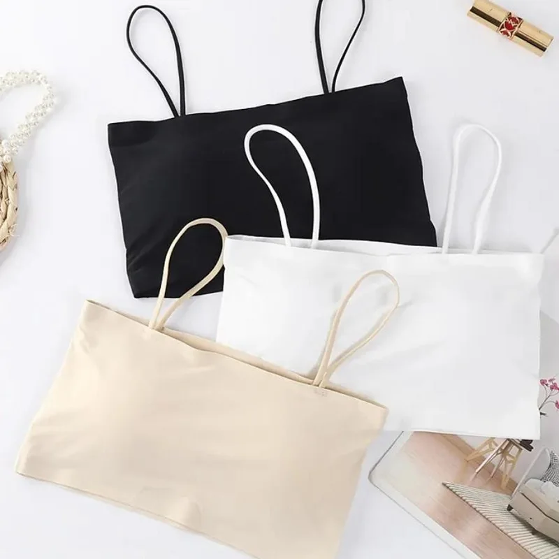 Bralette feminino sem costura – regata acolchoada sem fio, alças finas, colete de sutiã elástico macio sem costas