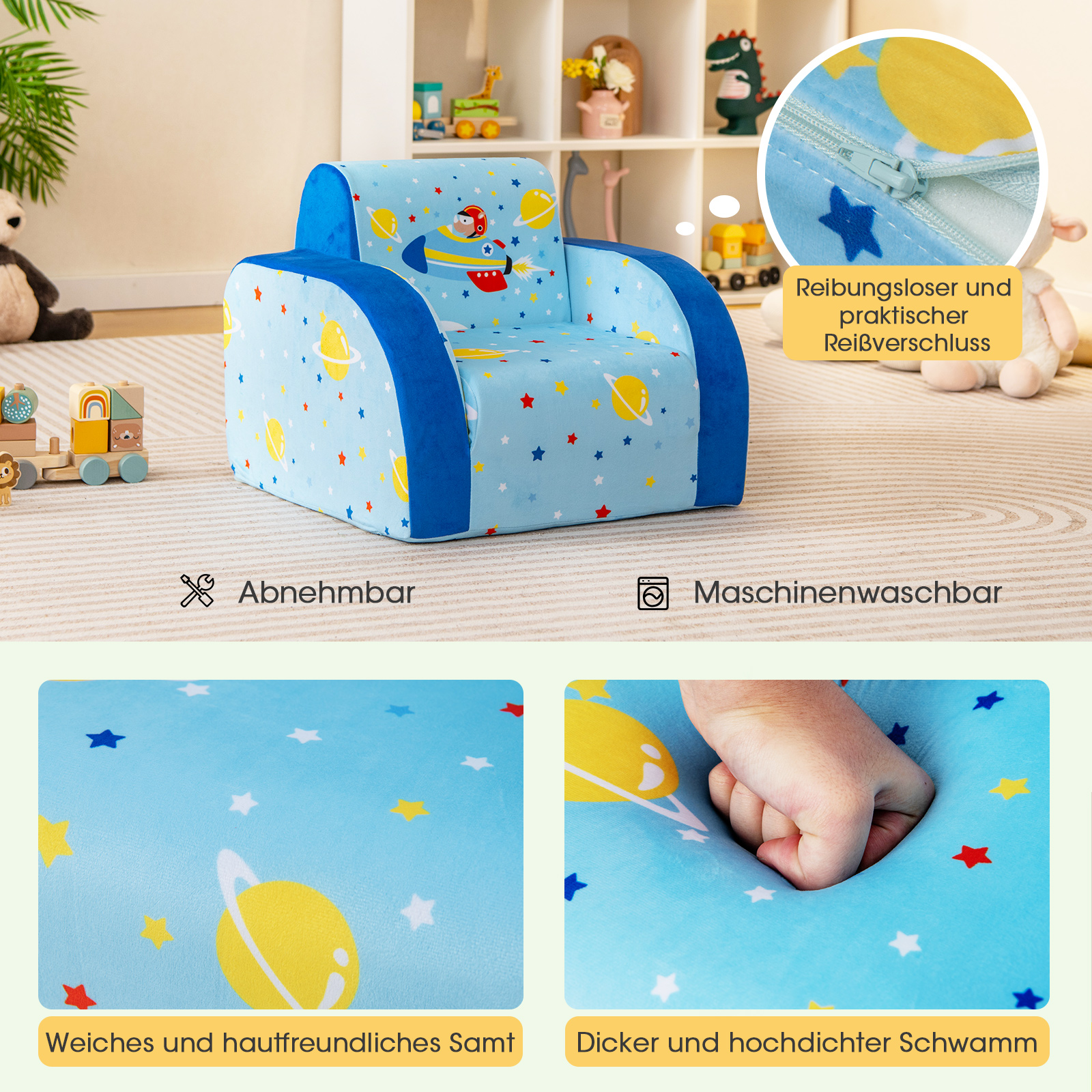 3 in 1 Kindersofa Klappbar,Kindersessel gepolstert aus Samtstoff, Kinderschlafsofa mit Abnehmbarer Schutzhülle, Kindercouch