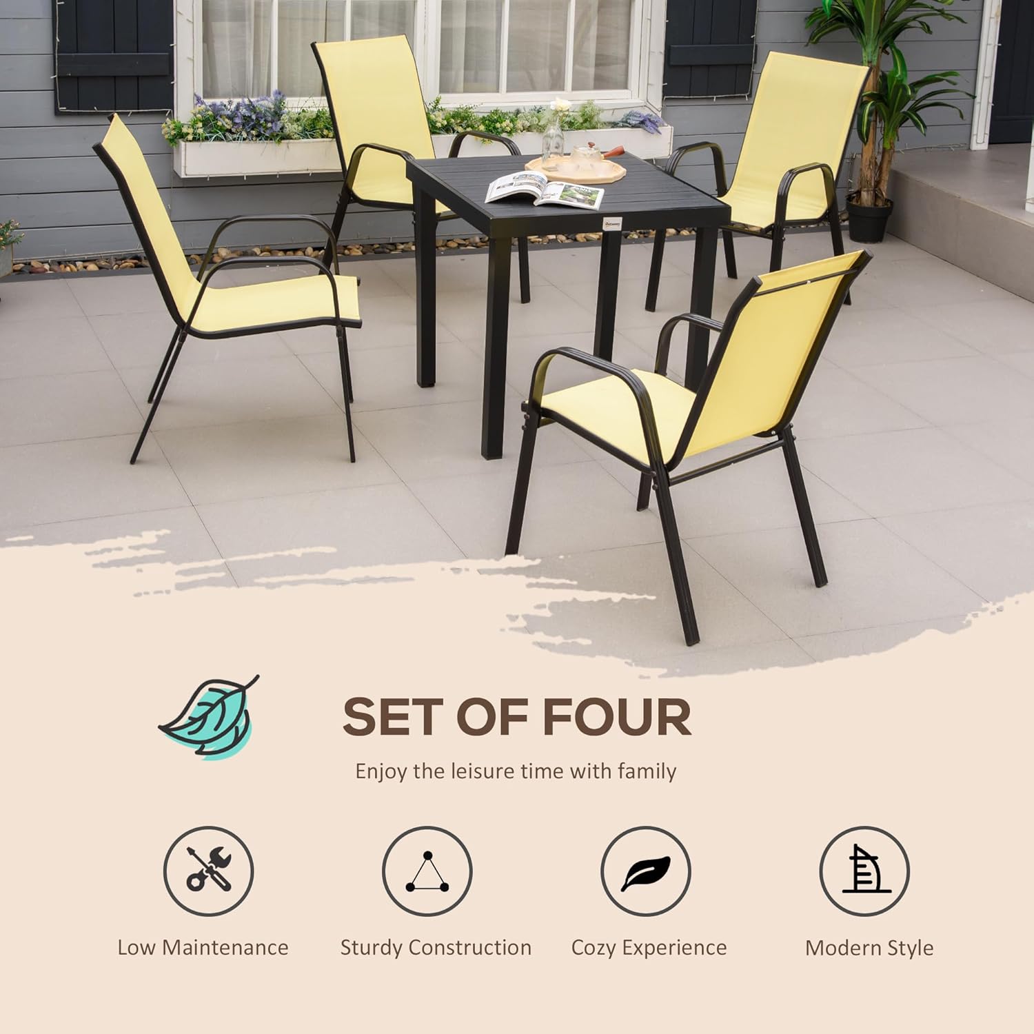 4 Pieces Garden Chairs, Stackable Outdoor Chairs with High Backrest and Armrest, Breathable Mesh Fabric Dining Chair Set of 4