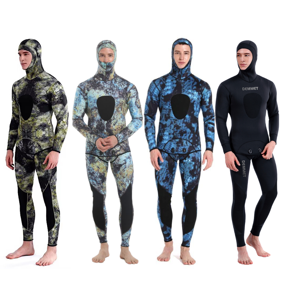 HOT 3Mm Ngụy Trang Đồ Bơi Giữ Nhiệt Dài Tay Phân Hạch Có Mũ 2 Miếng Cao Su Neoprene Chìm Dành Cho Nam Giữ Ấm Chống Nước Lặn phù Hợp Với