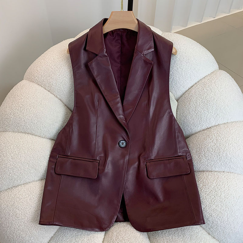 Veste en cuir de fibre de mouton véritable pour femme, col trempé, un bouton, gilet polyvalent, mi-long, mode, Y