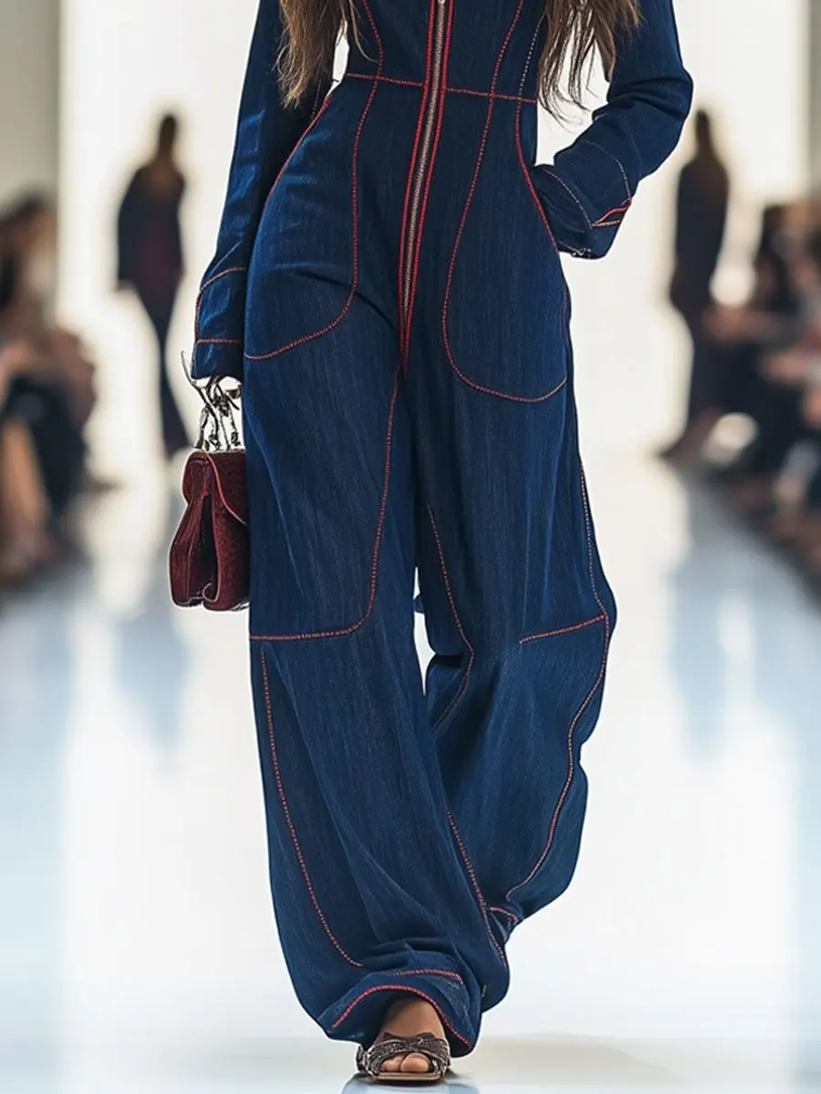 Neue Mode Lässig Herbst/Winter Langarm V-ausschnitt Taschen Einfarbig Zipper Breite Bein Overalls
