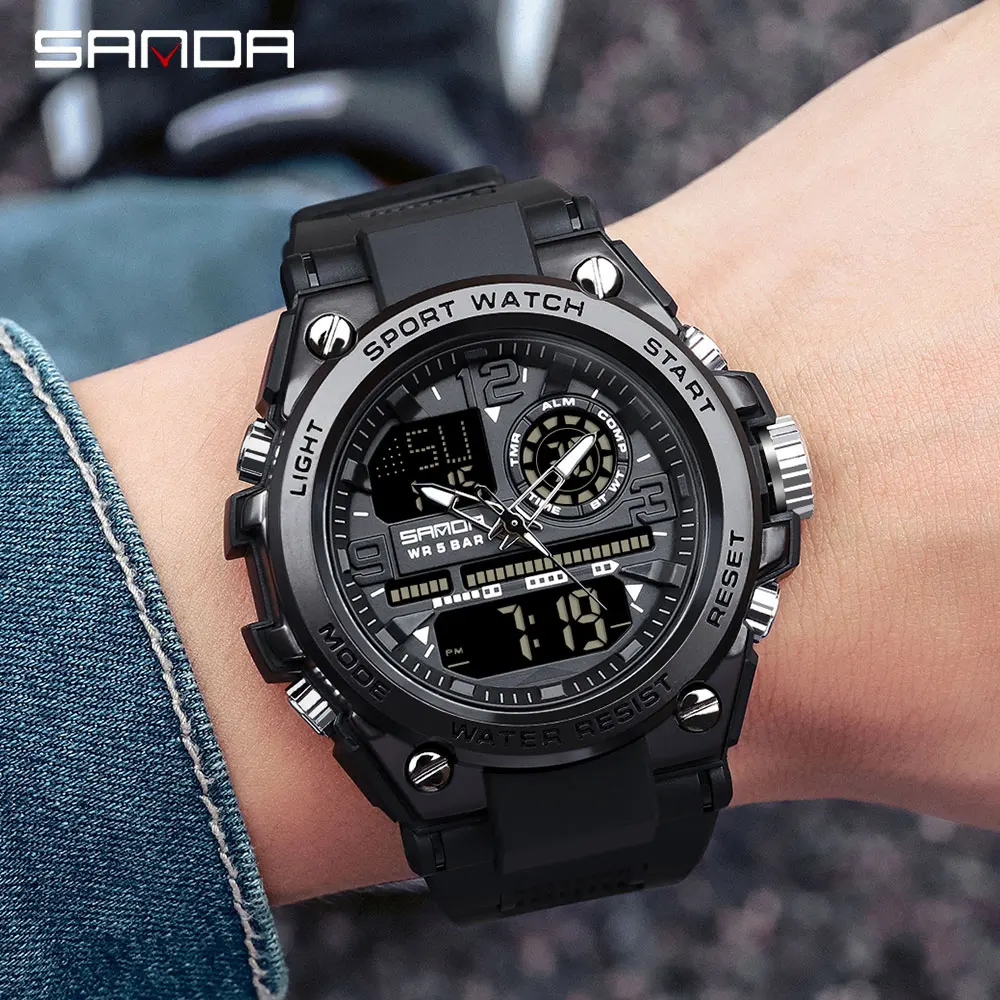 SANDA, relojes deportivos de lujo estilo G para hombre, reloj de cuarzo analógico militar, reloj Digital LED para hombre, reloj masculino resistente al agua hasta 50M