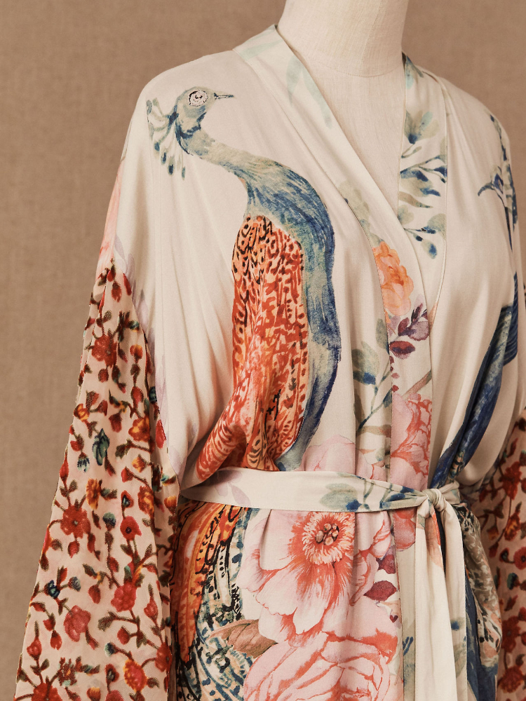 Quimono de praia para mulheres, traje de banho estampado peocock, vestidos envoltórios com cinto automático, trajes de banho à beira-mar, roupa de praia