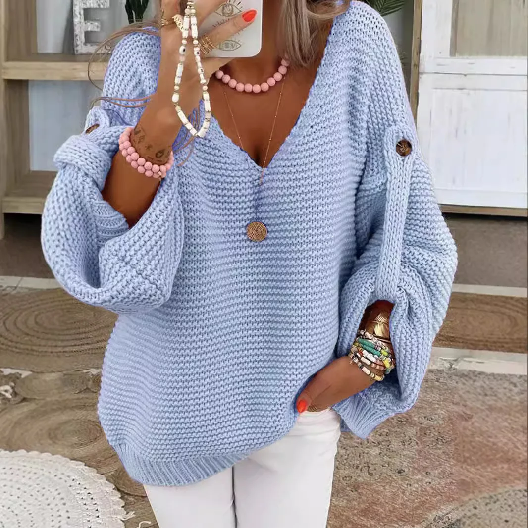 Casual malha com decote em v camisola outono inverno moda botão quente commuter jumper elegante sólido ajustável manga longa pulôver