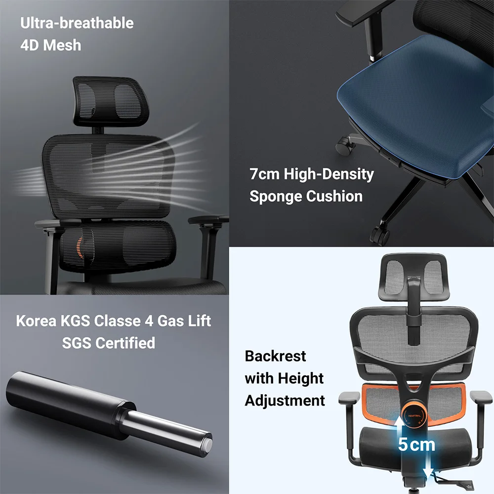 NEWTRAL-Cadeira Ergonômica com Nylon Base, Adaptive Suporte Lower Back, 3 Recline Ângulo, Encosto Ajustável, Braço Encosto de Cabeça, NT001