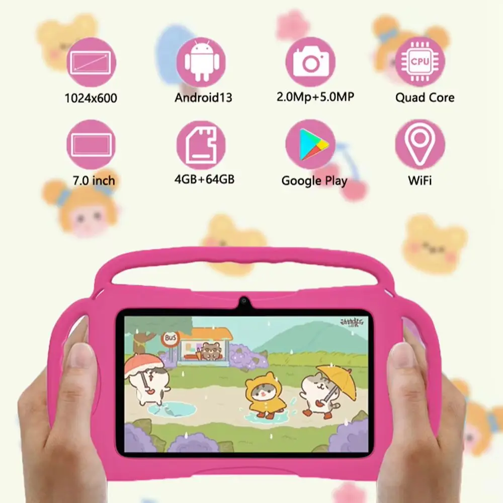 2025 Nueva tableta para niños de 7,0 pulgadas compatible con Google Learning Education Cámara dual 4GB + 64GB Android 13 Software para niños