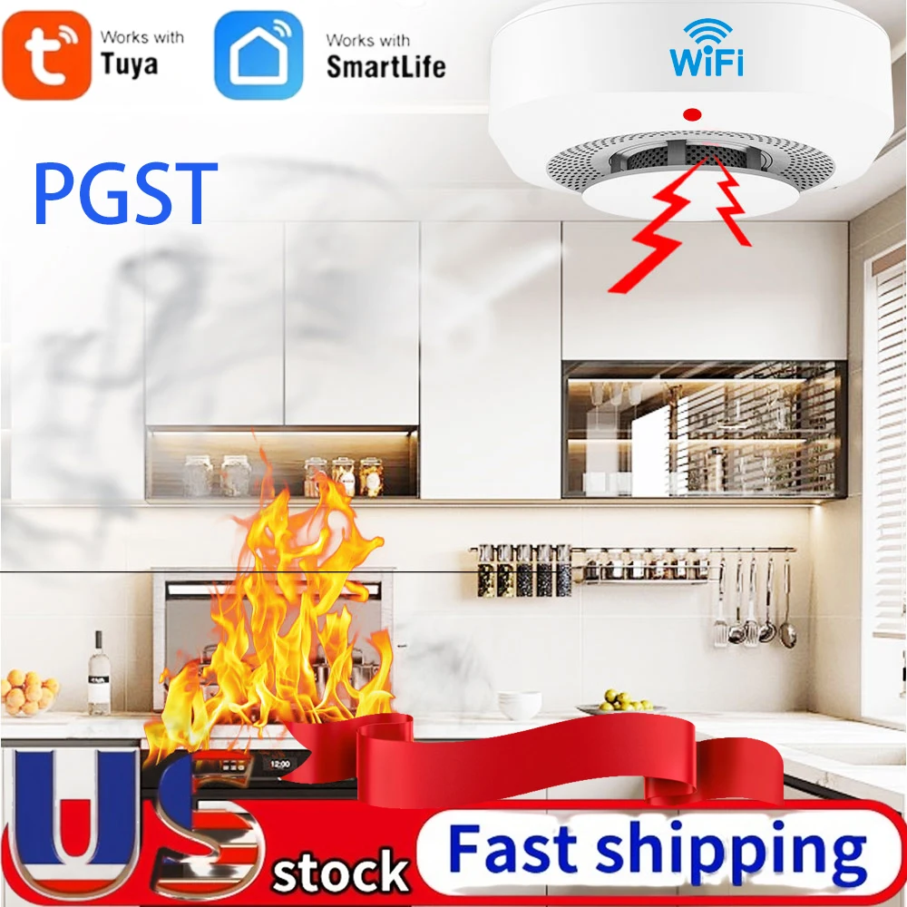 PGST Tuya WiFi Smoke Alarm Fire Protection Smoke Detector Smoke House Combination Fire Alarm Home Security System Firefighters