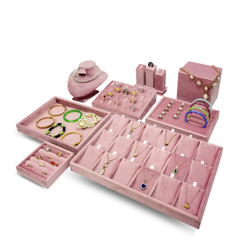 High End กํามะหยี่สีชมพูเครื่องประดับ Props แหวนต่างหูสร้อยคอสร้อยข้อมือถาด Organizer เครื่องประดับ Store หน้าต่าง