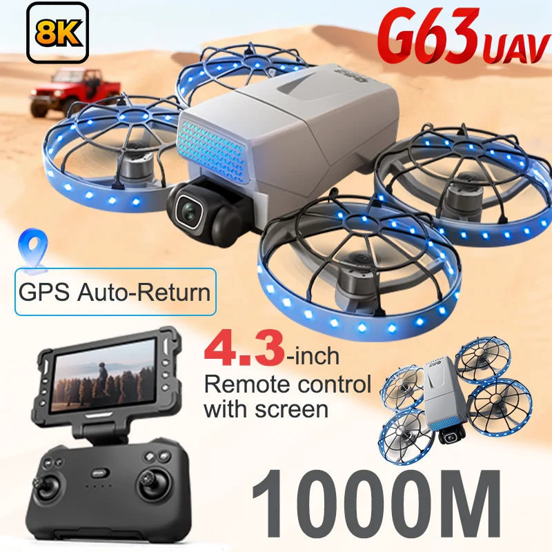 G63 Drone 8K HD Câmeras Duplas 180 °   5G WIFI GPS Brushless Motor FPV para evitar obstáculos Quadricóptero dobrável com brinquedo de controle remoto