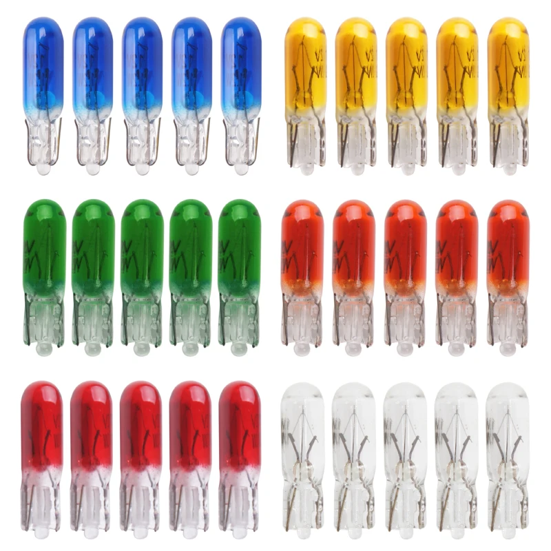 10 Uds. Bombilla de Panel halógeno T5 de luz de calibre de coche 12V 1,2 W W 1,2 W claro rojo azul amarillo lámpara de instrumento de vidrio luces bombilla de estilo de coche