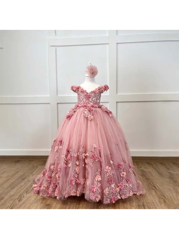 결혼식을위한 3d Applique 꽃의 소녀 드레스 핑크 Tulle v-목 볼 가운 공주 럭셔리 키즈 생일 저녁 파티 드레스