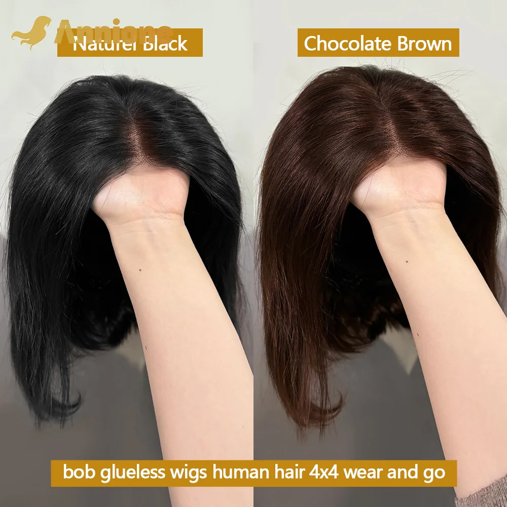 Bob peruca sem cola cabelo humano pronto para usar 4x4 brasileiro em linha reta chocolate marrom frente do laço peruca de cabelo humano 100% perucas de cabelo humano