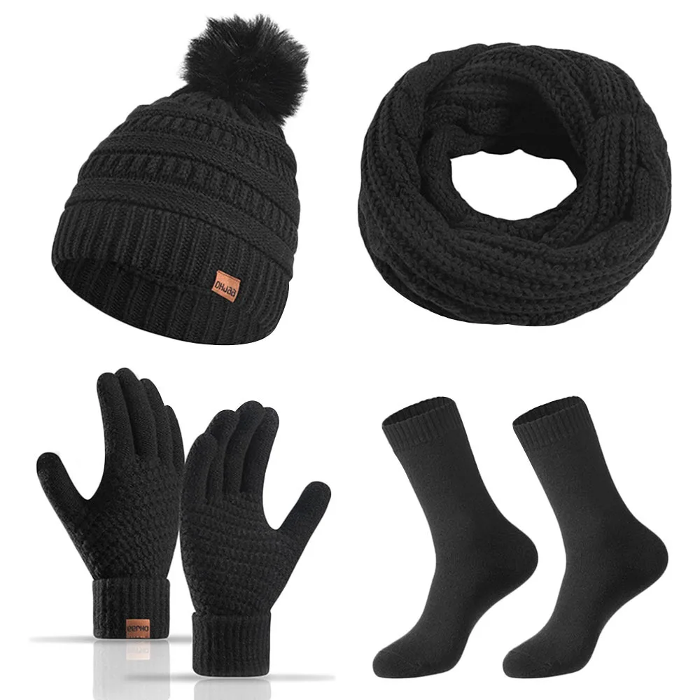 4Pcs/Set Winter Warm Women Hats Scarf Gloves Socks Set Soft Windproof Winter Warm Mitten Ear Protection Beanie Cap Scarf Outdoor