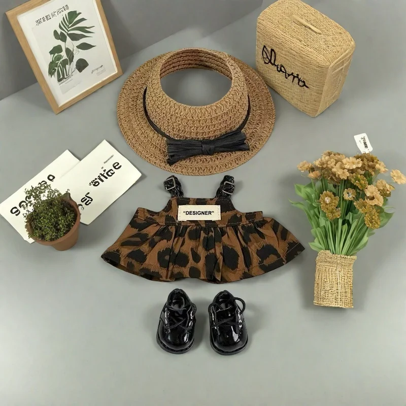 Mini-Puppenkleidung, Outfit-Zubehör für Korea Kpop 15–17 cm Labubu V1 V2 und 10 cm Baumwollpuppe, Kleid mit Leopardenmuster