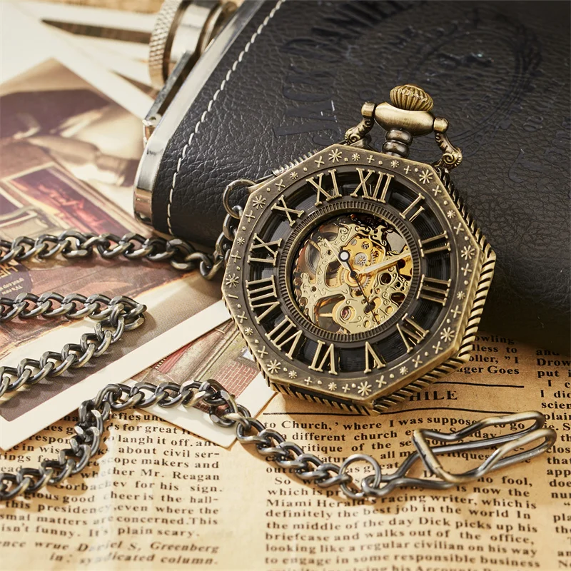 Montre de poche mécanique hexagonale classique Ramadan, chaîne FOB Steampunk cadran romain squelette or creux en acier montre de poche pour hommes
