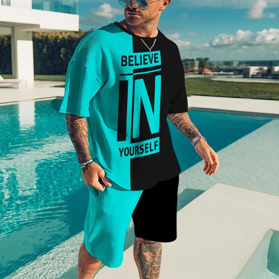 新しい夏のメンズトラックスーツ自分自身を信じて Tシャツショーツセットスポーツ衣装ジョギングスーツ特大服アウトドアストリート