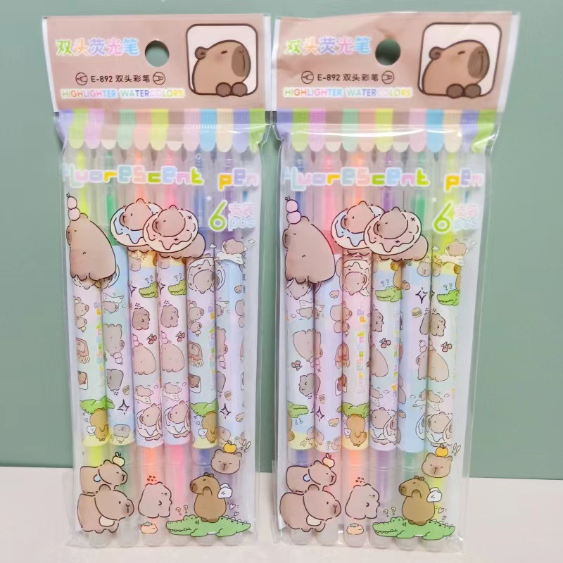 Bolígrafo fluorescente de doble cabeza con dibujos de capibara de 6 colores, juego de marcadores de cuenta de mano para marcar notas aceitosas para estudiantes, suministros de papelería